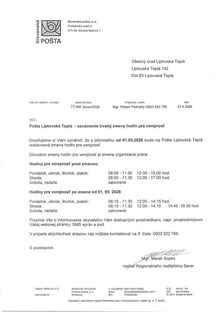 oznam Slovenskej pošty